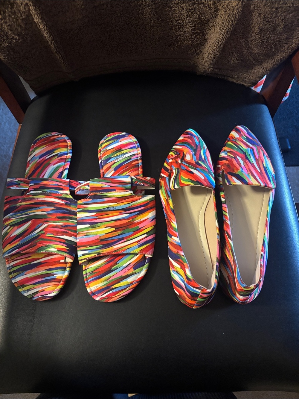 Women's Multicolor Slip-On Sandals and Flats - Vibrant Striped Pattern